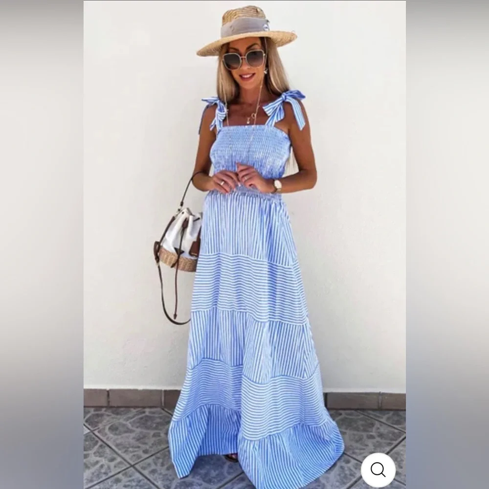 MARTINE Shirred Striped Maxi Dress - BLUE NWT - Picture 2 of 10
